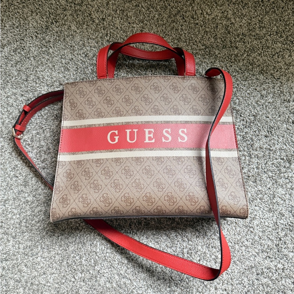 Guess Red and Brown Logo Tote